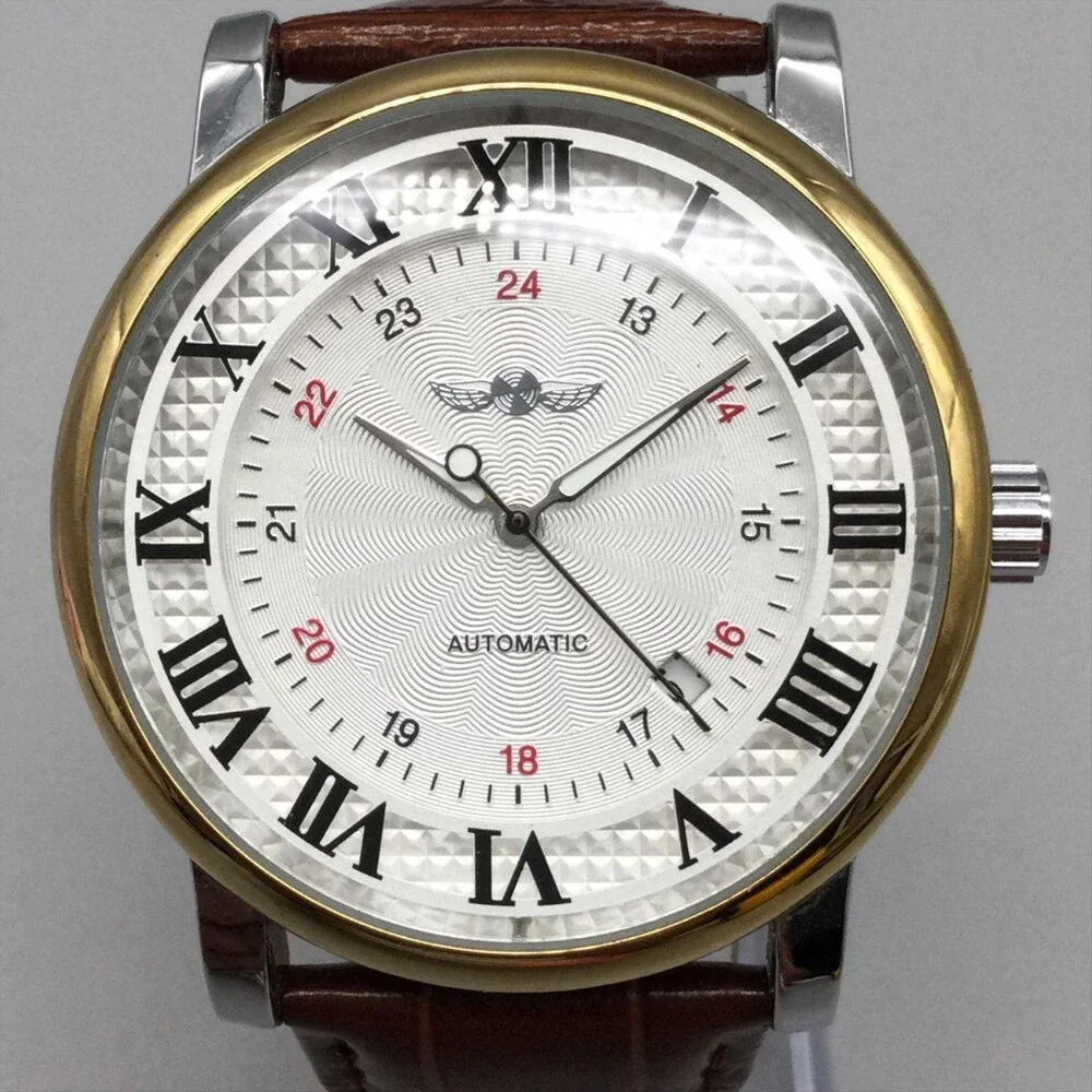 Winner Mens Watch 44mm Silver Tone 24 Hour Automatic Date Brown Leather TM142